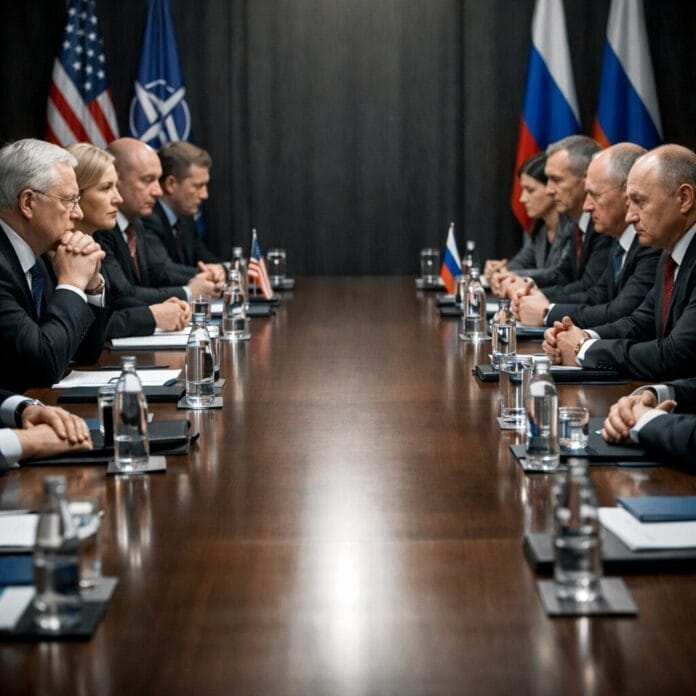Delegates from United States and Russia seated across from each other at a conference table with flags