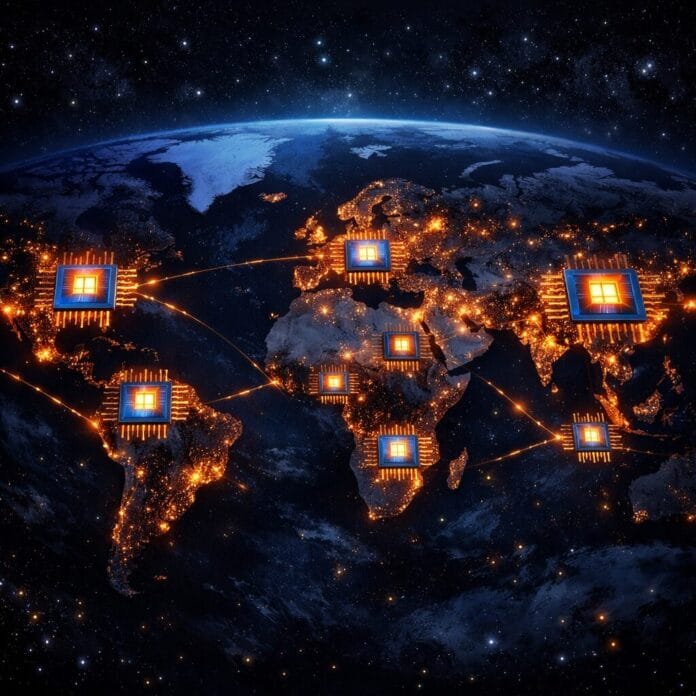 World map at night with glowing city lights and interconnected microchips representing data connections