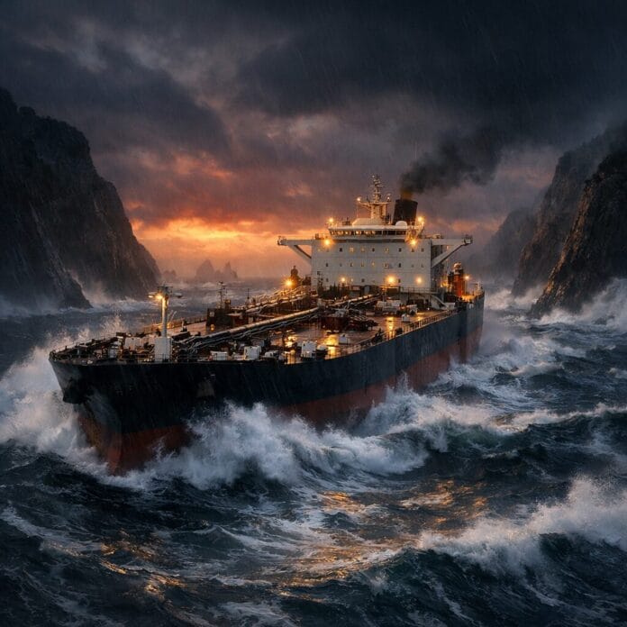 Tanker sailing through stormy waters between rocky cliffs with dark clouds and choppy waves