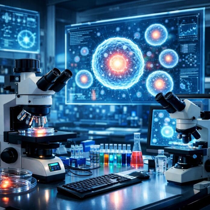Two microscopes examining petri dishes with digital screens showing detailed cell images