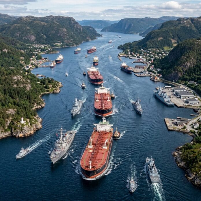 Multiple large cargo ships and naval vessels sailing through a narrow fjord surrounded by rocky hills and small settlements.