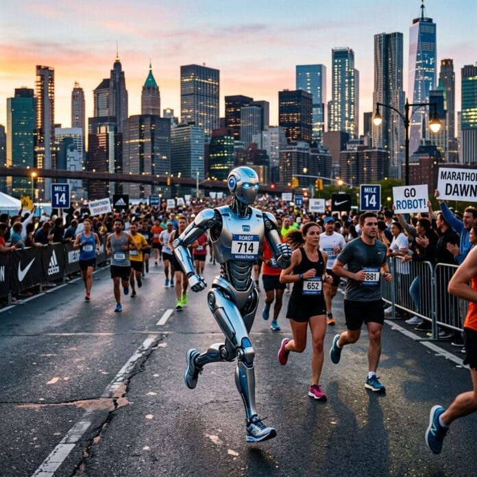 Robot with bib number 714 running in a marathon among human runners in a city with skyscrapers at sunset