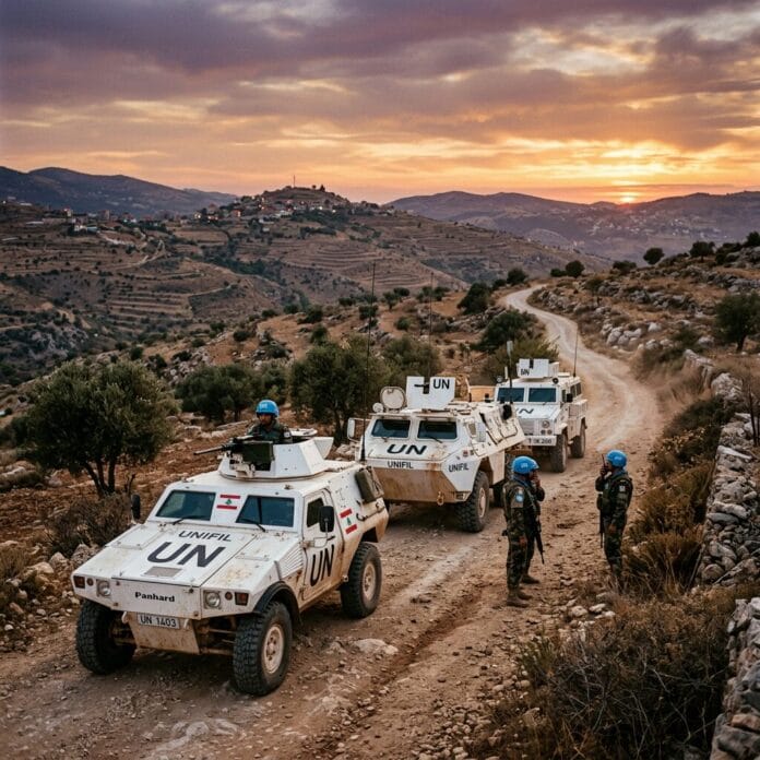 UN armored vehicles and peacekeepers in blue helmets on a dirt road in mountainous terrain at sunset