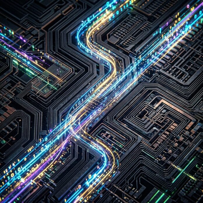 Circuit board with glowing multicolored data streams and binary code
