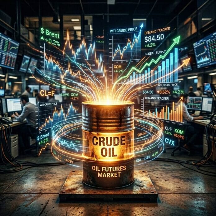 Crude oil barrel surrounded by futuristic charts showing oil futures, prices, and market trends in 2024
