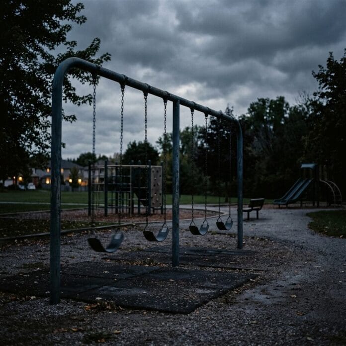 Empty swings hanging in a playground during dusk with cloudy skies and houses in the background