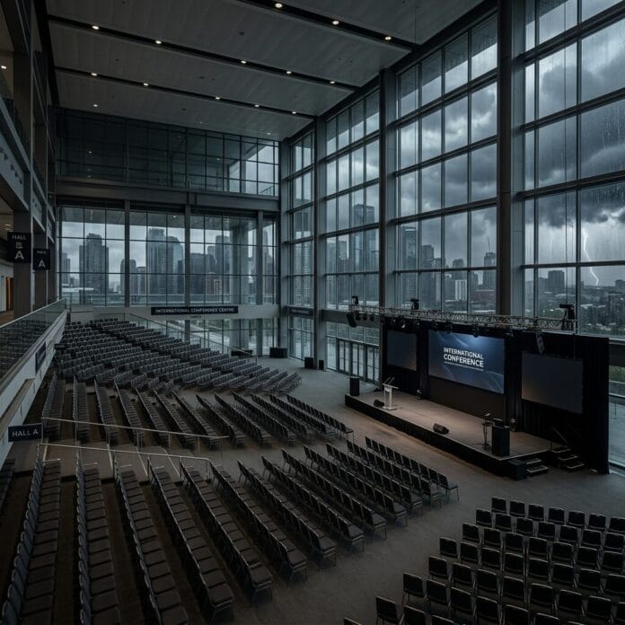 Empty conference hall with rows of chairs facing a stage and large windows showing city skyline and lightning