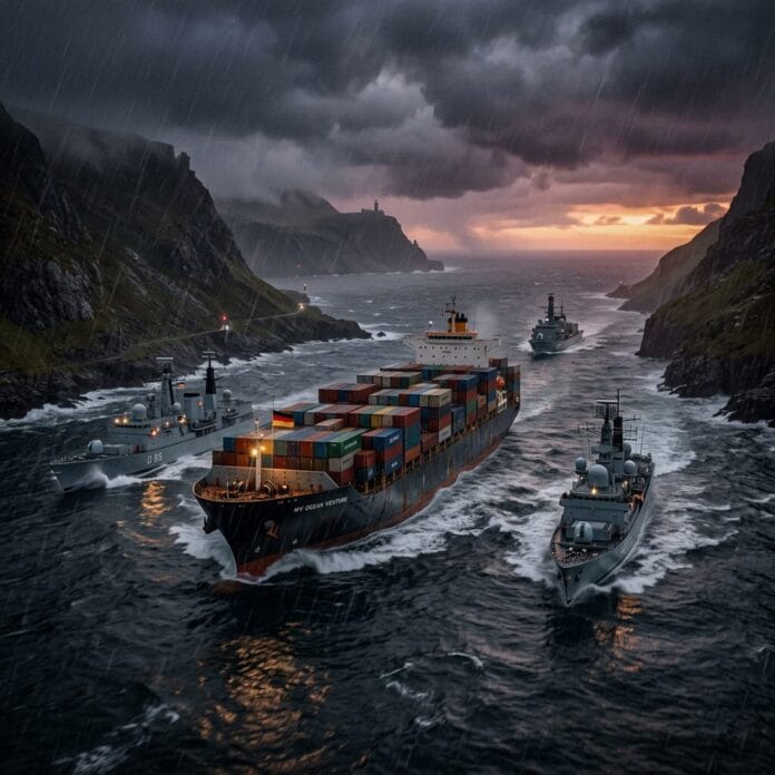 Cargo ship with shipping containers escorted by three naval ships in stormy waters between cliffs at sunset