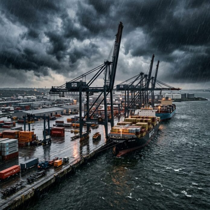 Cargo ships unloading containers at rainy stormy port