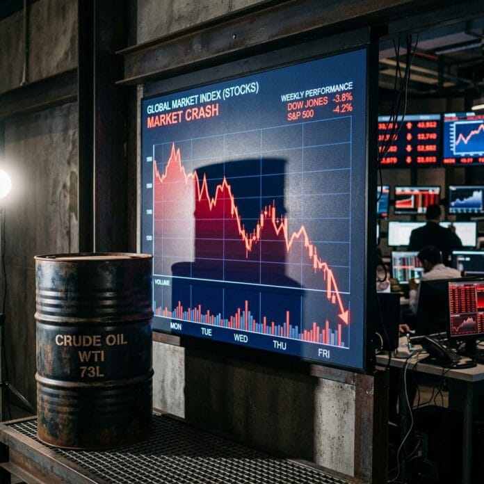 Graph showing steep decline in global market index with crude oil barrel in foreground