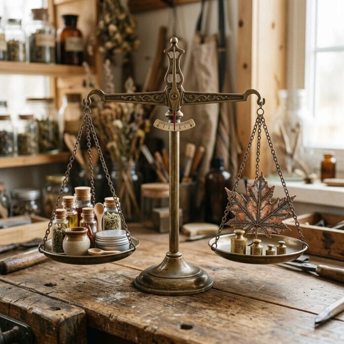Antique balance scale weighing jars of herbs against a metal leaf and weights