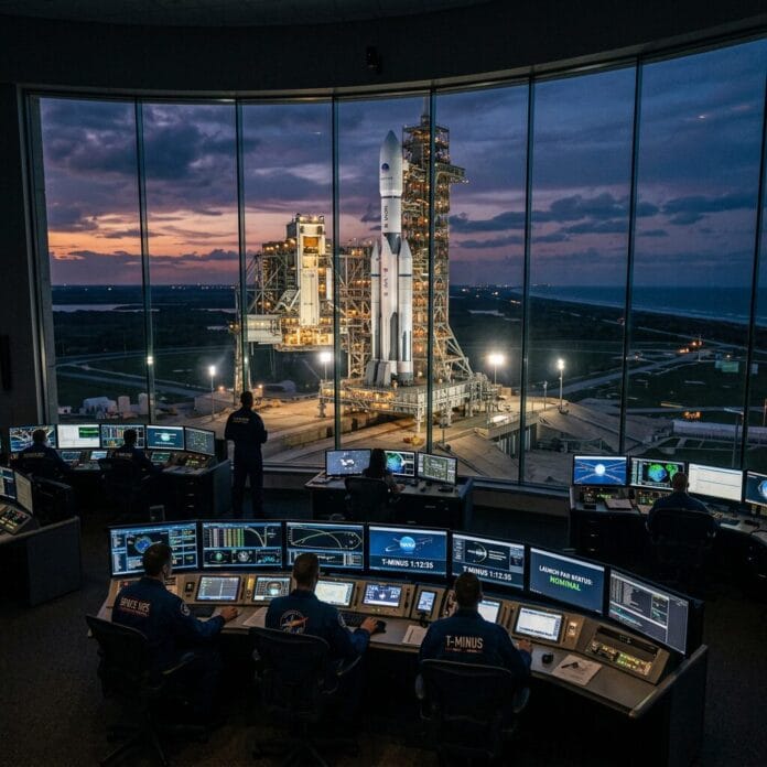 Team of mission controllers monitoring rocket launch from control center
