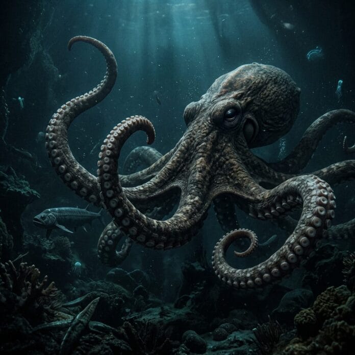 Giant octopus with extended tentacles underwater surrounded by fish and coral