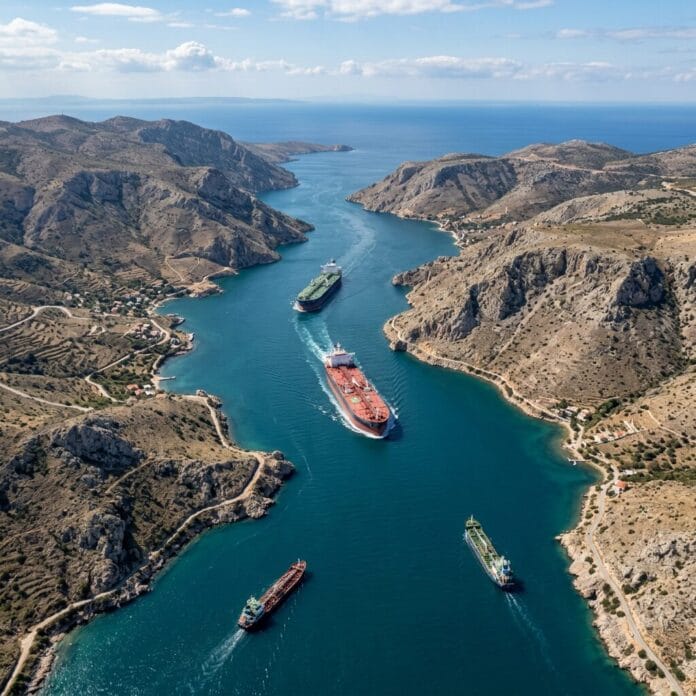 Four cargo ships sailing through a narrow blue channel bordered by rocky hills