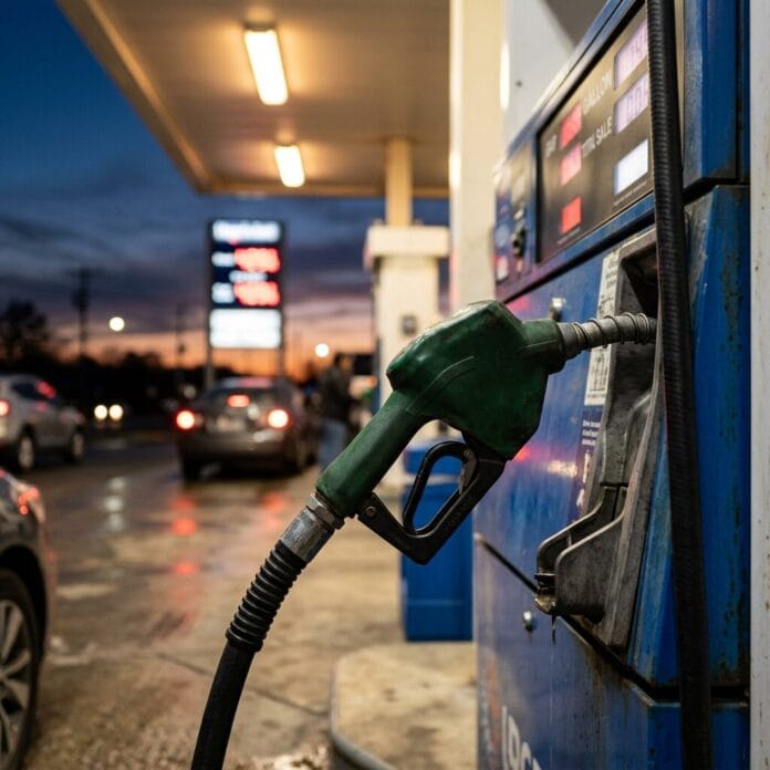 Green gas pump nozzle inserted in a blue fuel pump at a gas station during sunset