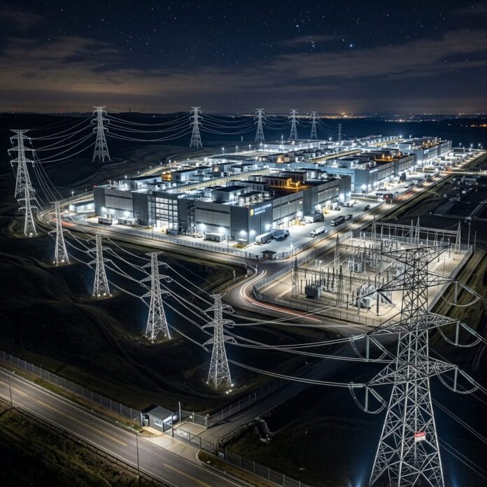Large data center buildings lit up at night with surrounding power lines and substation