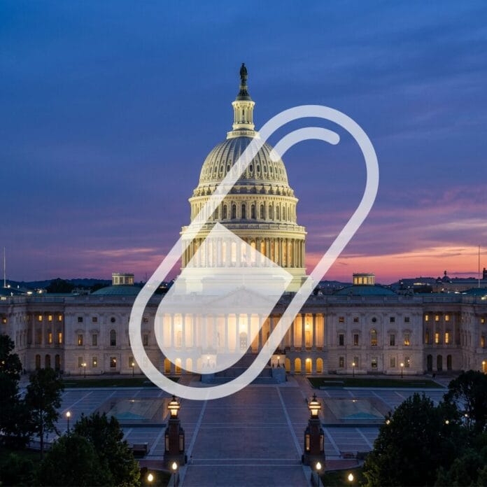 US Capitol Building lit up at dusk with a vibrant purple and orange sky