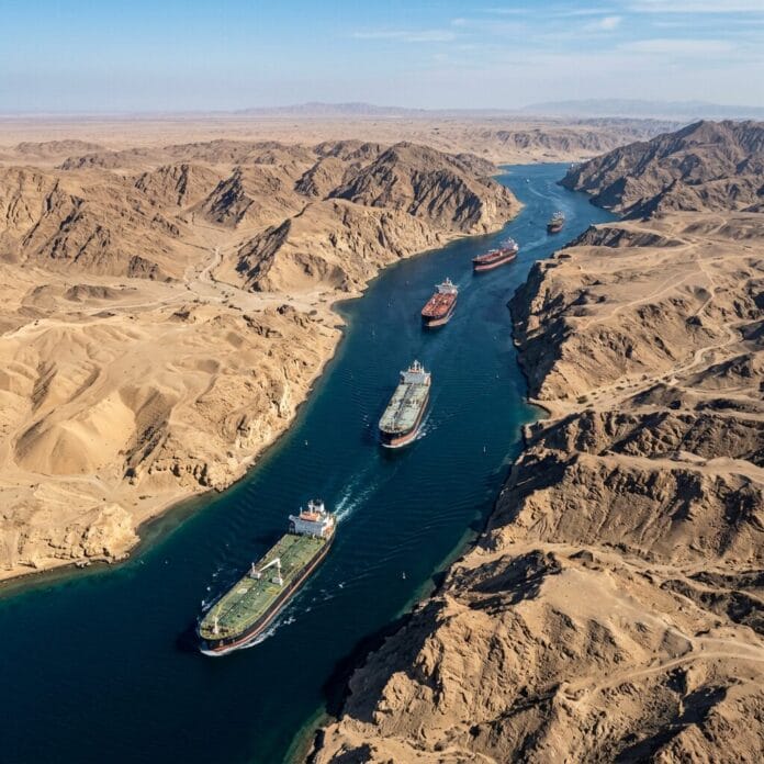 Tanker ships sailing through a narrow winding canal surrounded by desert mountains.