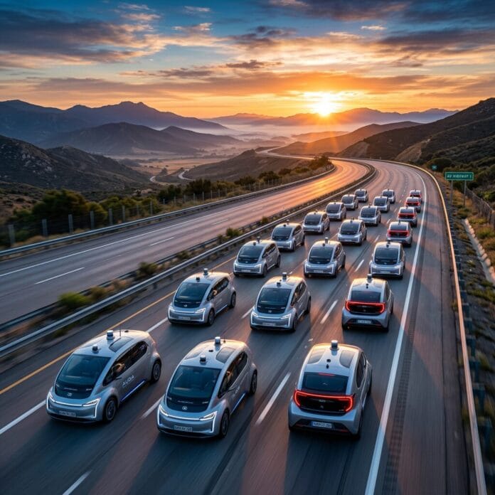 Multiple autonomous electric vehicles driving on a multi-lane highway during sunset