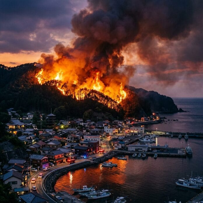 Wildfire burning on a forested hillside next to a small coastal village with boats in the harbor