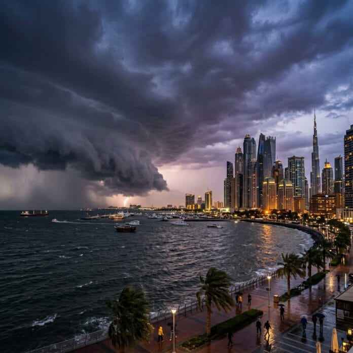 Storm clouds, lightning, and lightning over Dubai waterfront with skyscrapers