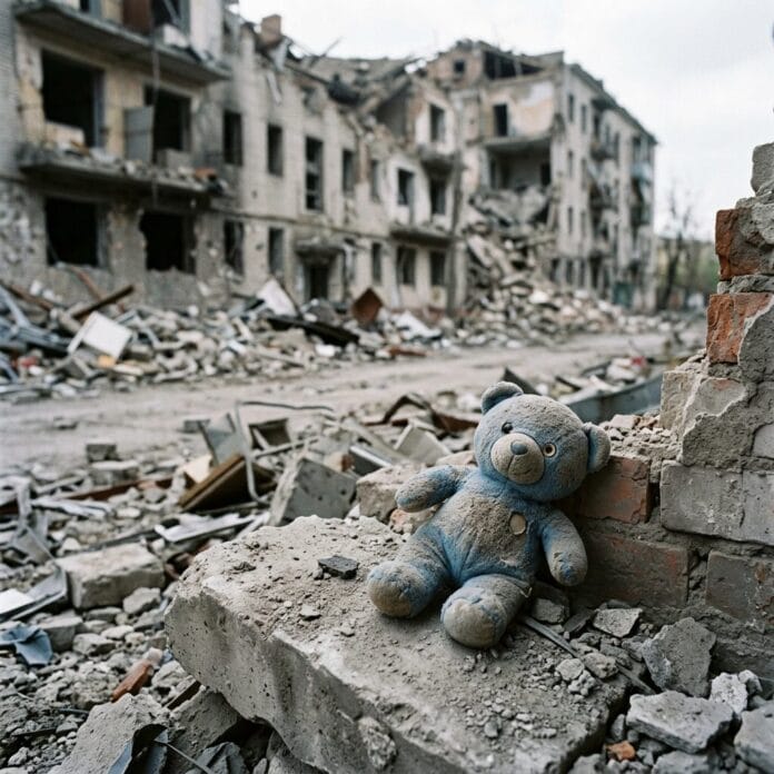 Worn teddy bear on debris with collapsed buildings in background