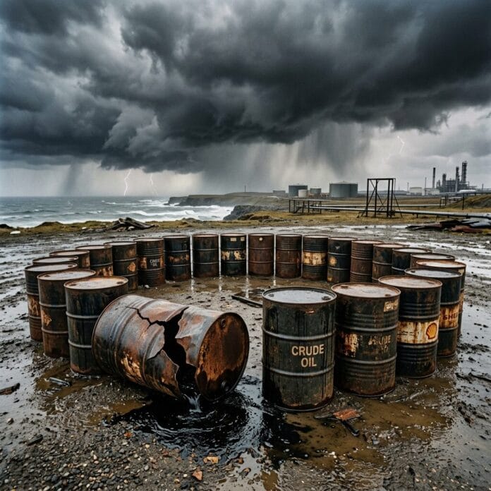 Rusty oil barrels in a circle on muddy ground leaking crude oil with dark storm clouds and lightning over an industrial refinery in the background.