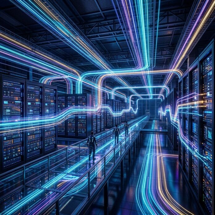 Server room with rows of racks and neon blue and purple light trails representing data flow