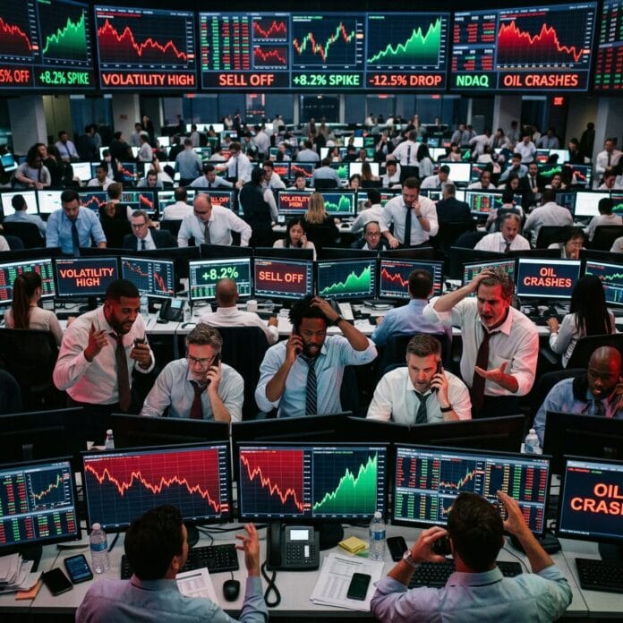 Busy trading floor with multiple monitors displaying stock charts, volatility, and oil crash alerts