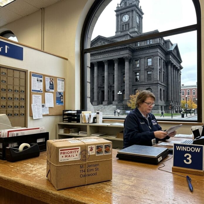 Postal worker at service window with mail package and courthouse outside window