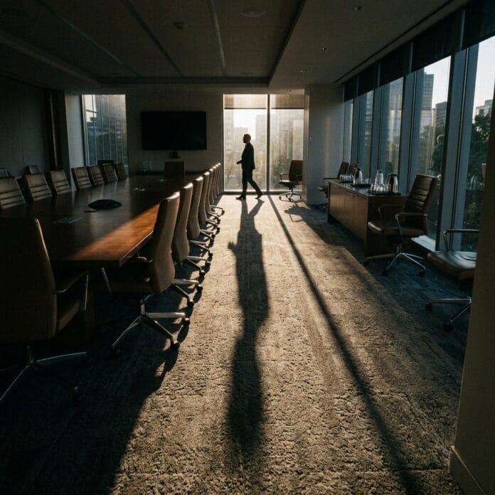 Person walking in a large boardroom with sunlight casting long shadows