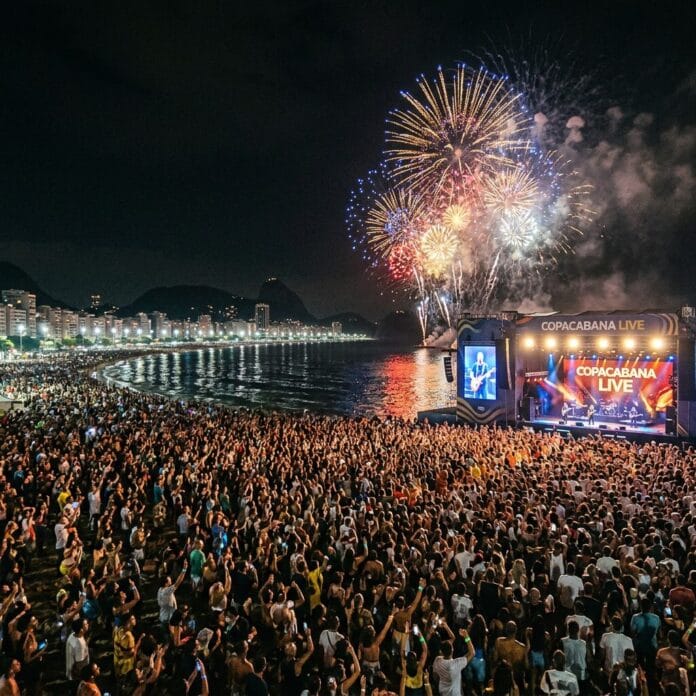 Crowd watching concert and fireworks at Copacabana Beach at night