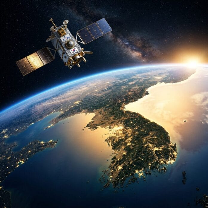 Satellite with South Korean flag orbiting above Korean Peninsula with sunrise on Earth
