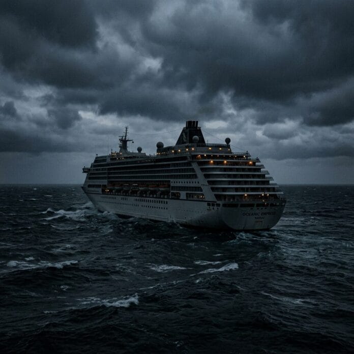 Oceanic Empress cruise ship sailing in rough ocean waters at twilight