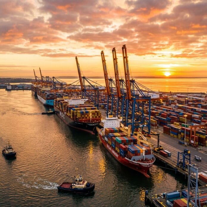 Container ships loaded with colorful shipping containers docked at a port with cranes and tugboats under a sunset sky