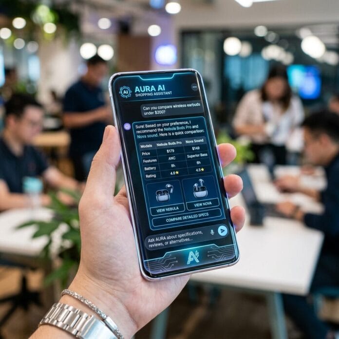 Smartphone screen showing AI assistant app comparing Nebula Buds Pro and Nova Sound earbuds