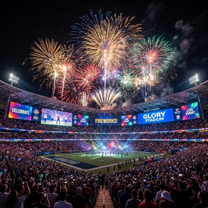 Fireworks exploding above a full stadium during a live event celebration