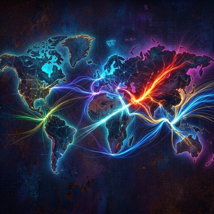 World map with glowing multicolored lines representing global data connections and network routes