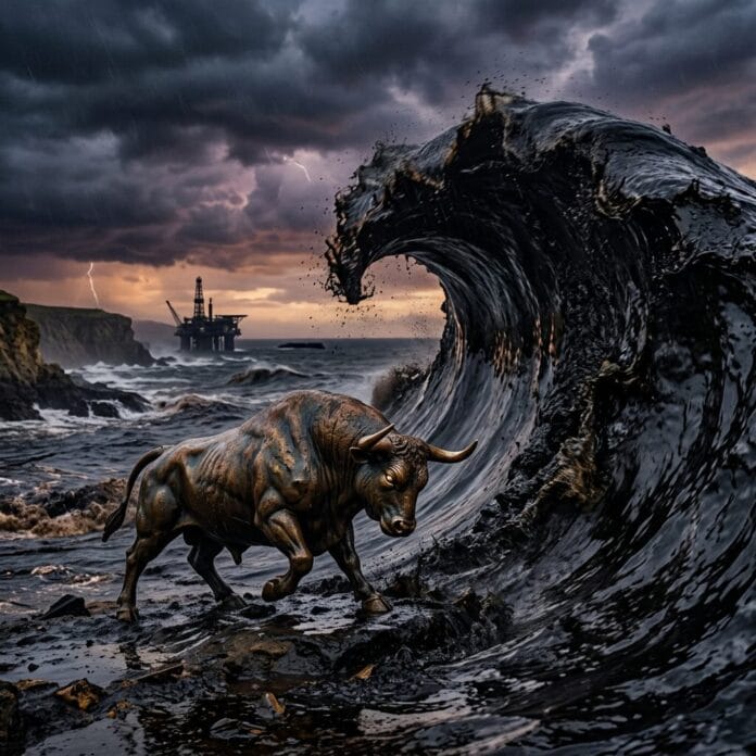 Strong bull near large black wave and offshore oil platform