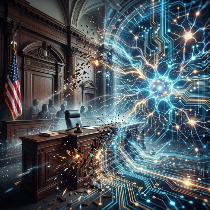 Courtroom desk and judges blending into digital neural network circuits