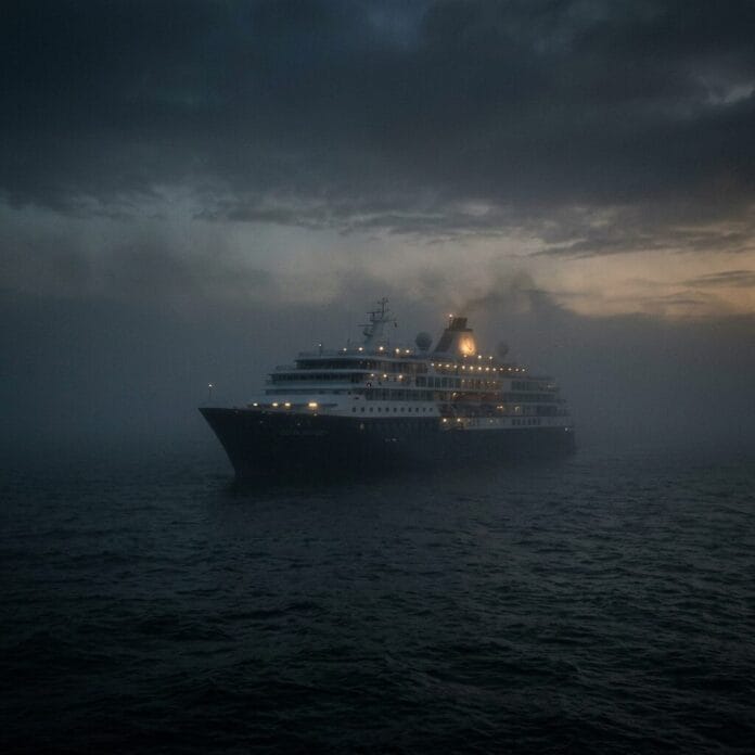 Cruise ship illuminated sailing on dark foggy ocean at sunset