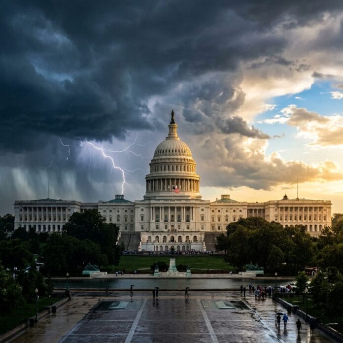 U.S. Capitol building with lightning and dark storm clouds in the sky