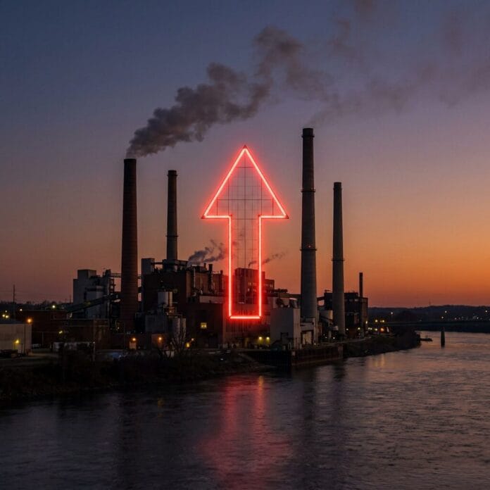 Industrial smokestacks releasing smoke with a red glowing upward arrow overlay
