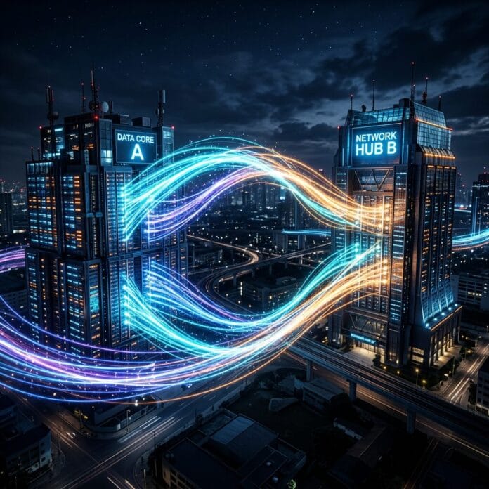 Two tall buildings at night labeled Data Core A and Network Hub B with glowing data streams flowing between them