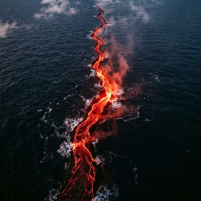 Glowing red lava flowing into dark ocean water with steam rising