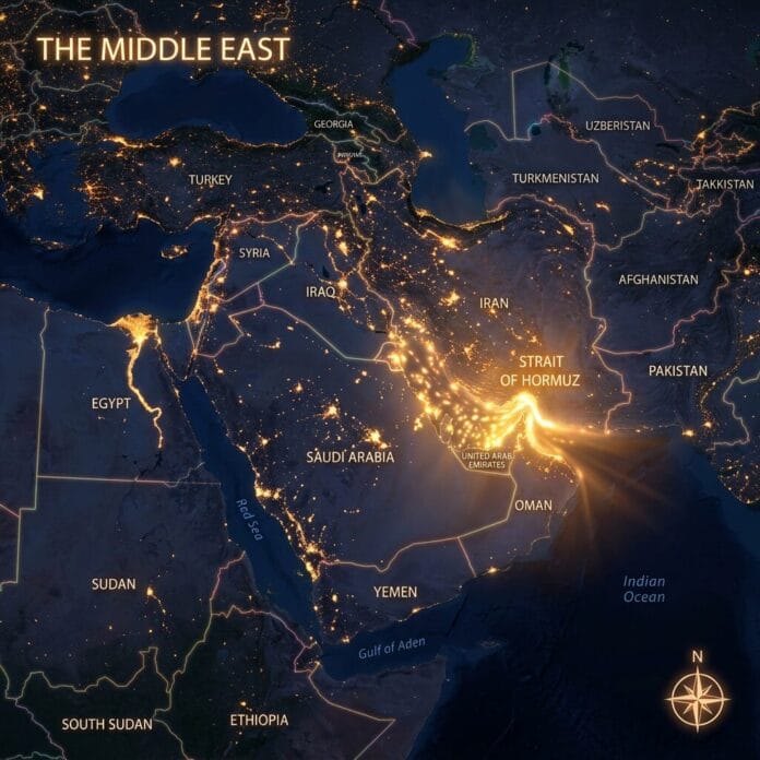 Nighttime satellite map showing illuminated cities and country borders in the Middle East