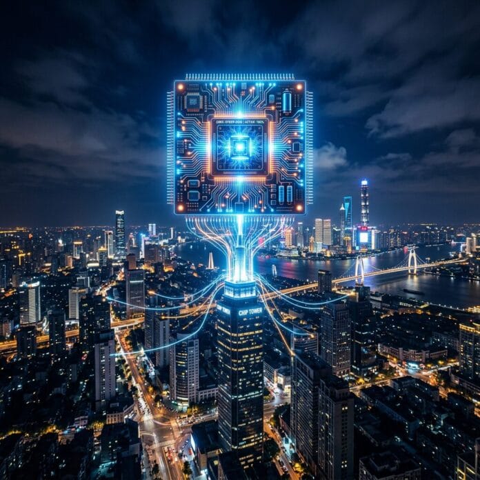 Futuristic glowing microchip floating above a city skyscraper at night