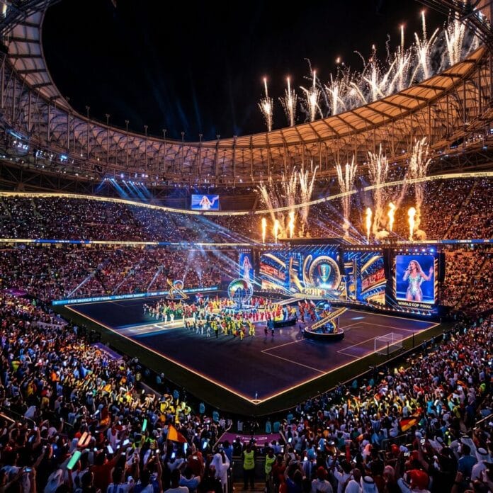 FIFA World Cup opening ceremony with performers, fireworks, and large audience in stadium