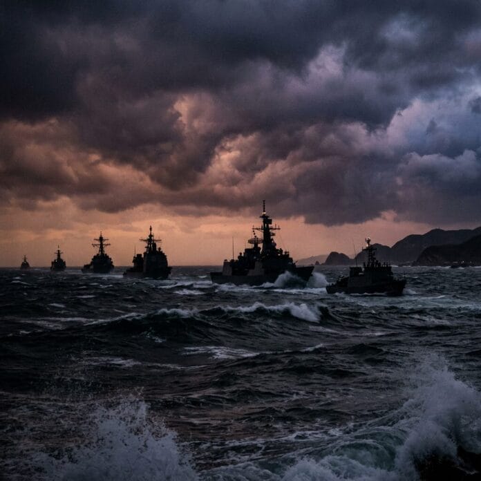 Multiple warships sailing in rough ocean with dark storm clouds overhead.