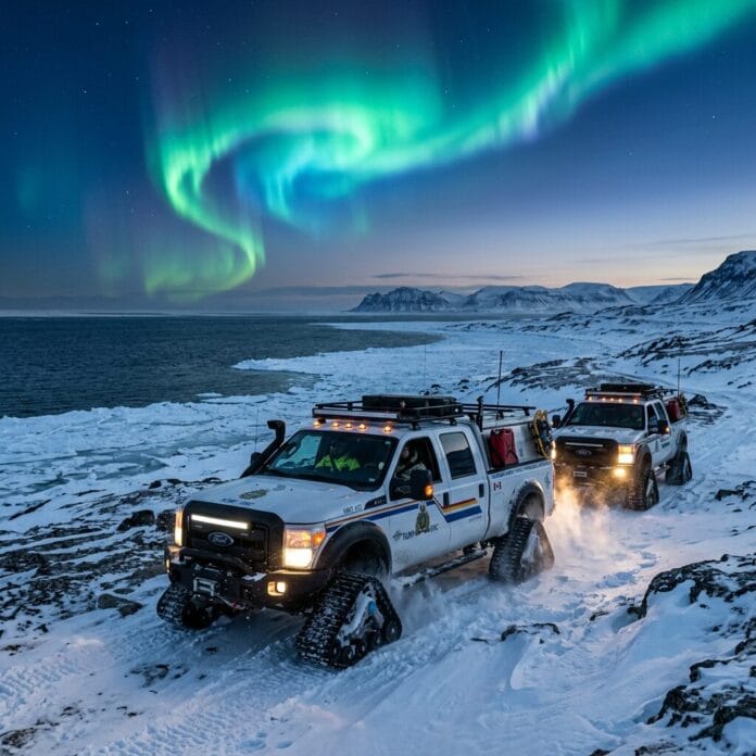 Two white tracked patrol trucks driving on snow near icy coastline with northern lights overhead